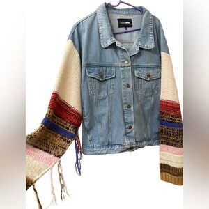Fashion Nova 2X denim jean jacket button up sweater sleeves knit fringe pockets